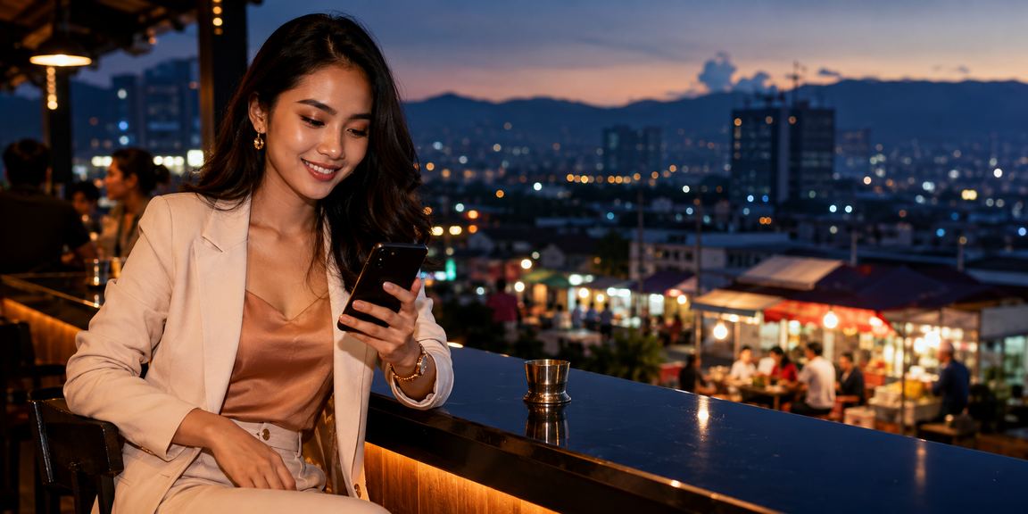 Model Vietnam menggunakan ponsel untuk bermain casino online