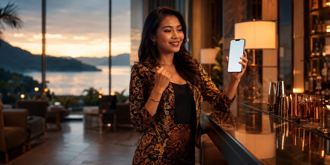 Model menggunakan ponsel untuk mengakses platform casino mobile lapakwd dengan tampilan antarmuka modern