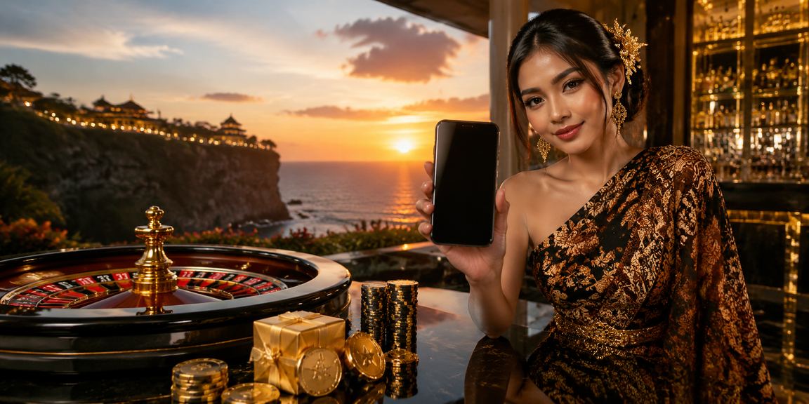Model Vietnam berdiri di depan meja roulette dengan suasana casino profesional