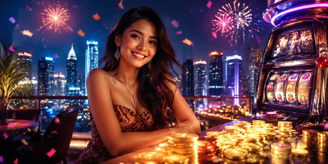 Layar neon mesin slot dengan cahaya berwarna-warni di malam hari yang meriah