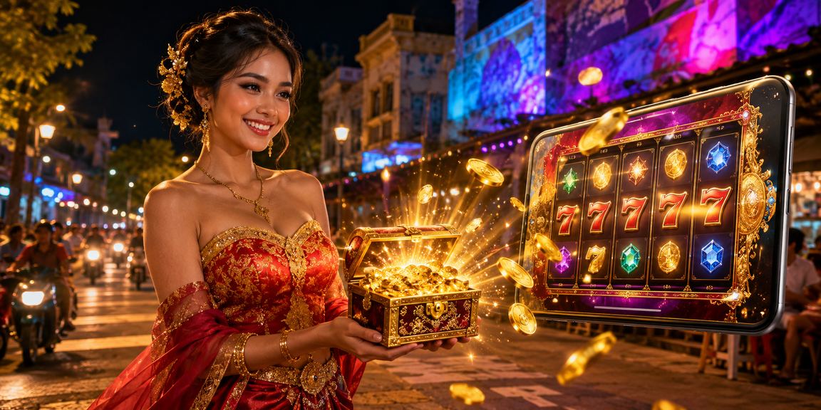 Pengguna menikmati permainan slot di pasar malam dengan suasana malam yang meriah