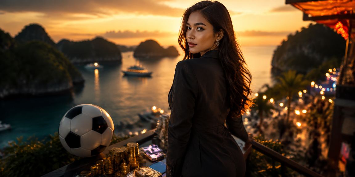 Suasana pantai dengan layar besar menampilkan pertandingan sepak bola untuk taruhan